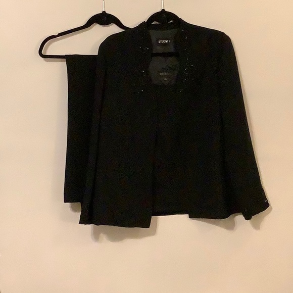 Studio One 3 Piece Skirt Suit Black Sequined Beaded Trim Sz 16, Open Front. - Picture 1 of 5